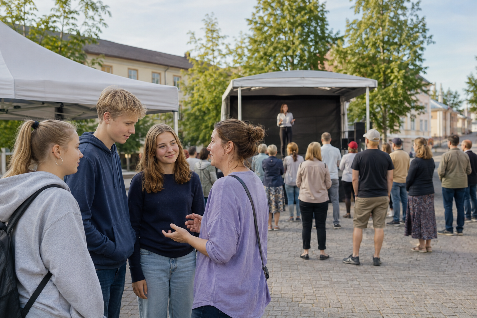 Many groups of people in an community happening outside the town square.