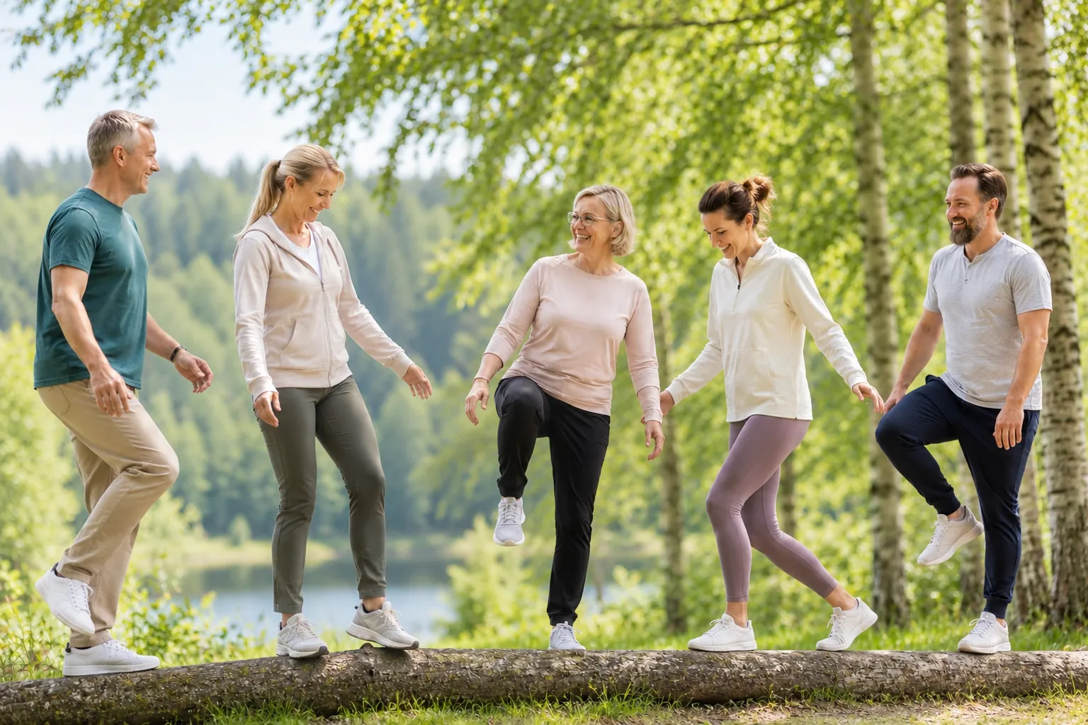 A group balancing together on a log.